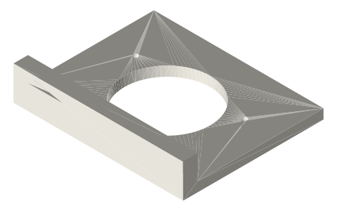 35 mm cup (concealed) hinge: cup, boring distance and a printable drilling jig, isometric render of a generated part