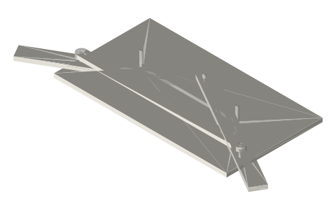 Cyclograph: fixed-angle rules sliding on two pins draw a circular arc, isometric render of a generated part