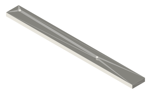 Cyclograph rule 150 × 15 × 4 with pivot and brace holes, isometric render of a generated part