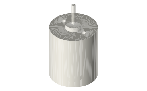 360 / 365 size brushed DC motor: Ø27.7 × 32.6 mm, 2 × M2.6 on 16, isometric render of a generated part