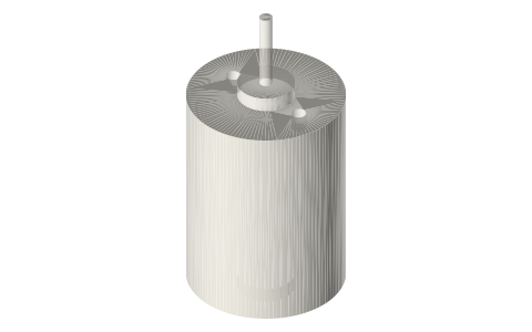 380 / 385 size brushed DC motor: Ø27.7 × 37.8 mm, 2 × M2.6 on 16, isometric render of a generated part