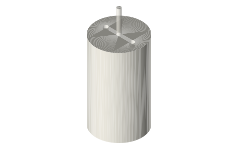 390 size brushed DC motor: Ø27.6 × 47 mm, Ø2.3 shaft, isometric render of a generated part