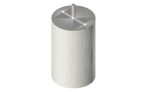 550 / 555 size brushed DC motor: Ø35.8 × 57.0 mm, 2 × M3 on 25, isometric render of a generated part