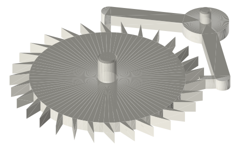 Dead-beat (Graham) escapement: escape wheel and anchor, isometric render of a generated part