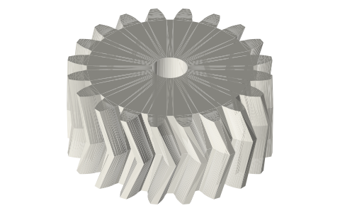 Double-helical (herringbone) gear, normal module 1.5, 20 teeth, helix 20° , face 16, Ø6 bore, isometric render of a generated part