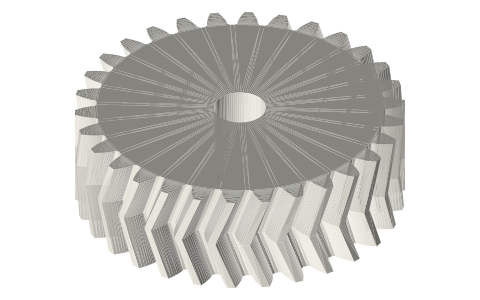 Double-helical (herringbone) gear, normal module 1.5, 30 teeth, helix 20° , face 16, Ø8 bore, isometric render of a generated part