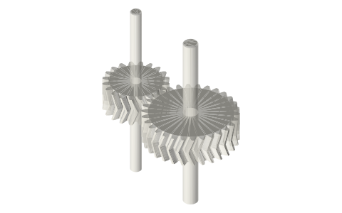 Double-helical (herringbone) gears, 20 : 30, helix 20°, isometric render of a generated part