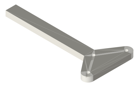 Double-pawl lever: fulcrum, two pawl pivots and an 80 mm handle, isometric render of a generated part