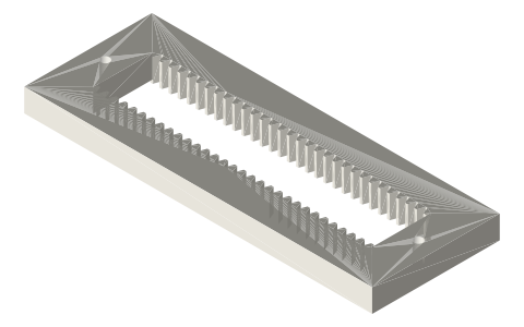 Double rack frame, module 1, racks 20 mm apart (120 × 44), isometric render of a generated part
