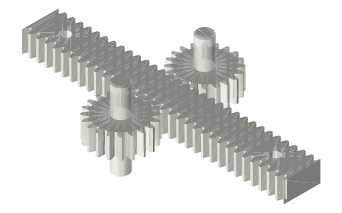 Double-sided rack between two equal gears, isometric render of a generated part