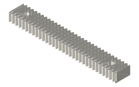 Double-sided gear rack, module 1, 100 mm, pitch lines 12 mm apart, isometric render of a generated part