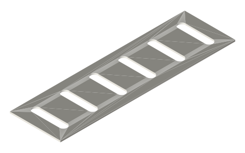 E-track and L-track dimensions: slots 2.41 × 0.54 in on 2 in centers, rail widths, fittings, isometric render of a generated part