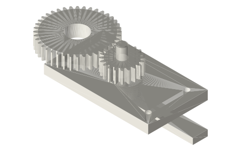 Gear thrown in and out of mesh by an eccentric bush (lathe back gear), isometric render of a generated part