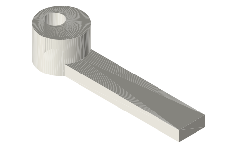 Eccentric bush Ø16 × 12 with Ø6 bore offset 2.5 mm and a 50 mm lever, isometric render of a generated part