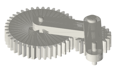 Eccentric spur gear and pinion on a swinging arm (variable speed), isometric render of a generated part