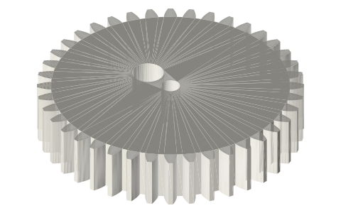 Eccentric spur gear, module 1, 40 T, Ø5 bore 5 mm off centre, Ø3 centre stud hole, isometric render of a generated part
