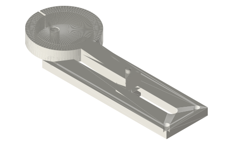 Eccentric and strap driving a slide (10 mm stroke), isometric render of a generated part
