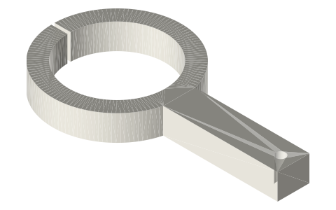 Split eccentric strap for Ø30 sheaves, 51 mm to the eye, isometric render of a generated part
