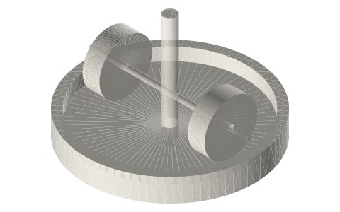 Edge-runner (chaser) mill: two rollers on one axle rolling round a pan, isometric render of a generated part