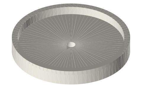 Edge-runner pan Ø160, 8 mm rim, Ø12 centre bore, isometric render of a generated part