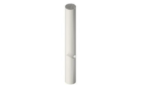 Vertical spindle Ø12 × 100 with a Ø5 cross hole 35 mm up, isometric render of a generated part