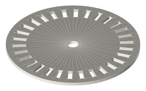 Optical encoder disc Ø60, 30 slots, Ø5 bore, isometric render of a generated part