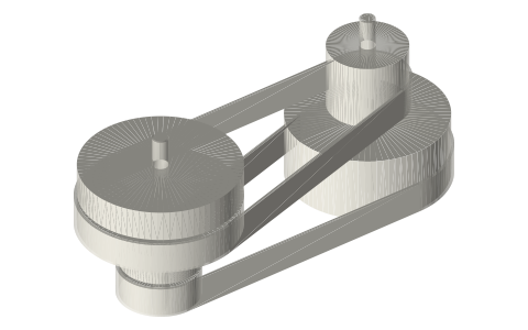 Two speeds from two belts on fast and loose pulleys, isometric render of a generated part