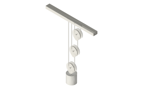 Pulleys of the first system, 3 movable pulleys (8 : 1), isometric render of a generated part