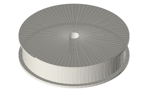 Flanged flat-belt pulley Ø80, 16 mm face, Ø8 bore, isometric render of a generated part