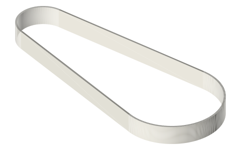 Flat belt 16 × 1.5 for Ø40 and Ø80 pulleys at 140 mm (loop drawn on the pulleys), isometric render of a generated part