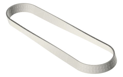 Flat belt 10 × 1.5 for two cone pulleys at 110 mm (loop drawn at 20 mm along), isometric render of a generated part