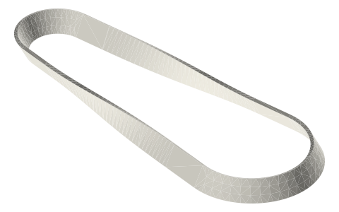 Flat belt 10 × 1.5 for two conoid pulleys at 110 mm (loop drawn at 20 mm along), isometric render of a generated part