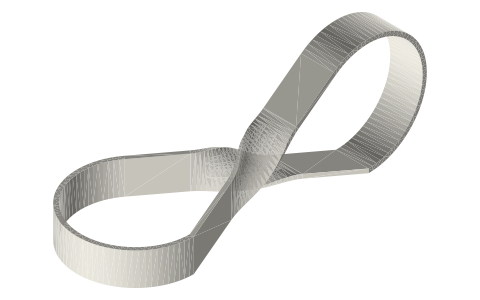 Quarter-turn flat belt 12 × 1.5 for two Ø40 pulleys at right angles (loop drawn on the pulleys), isometric render of a generated part