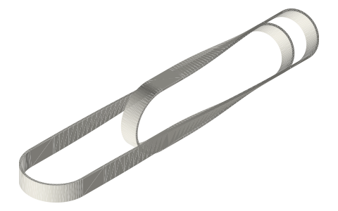 Flat belt 12 × 1.5 for the right-angle guide-pulley drive (loop drawn on the pulleys), isometric render of a generated part
