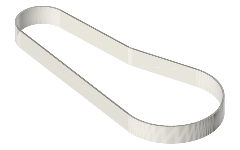 Flat belt 16 × 1.5 for a Ø40 / Ø80 drive at 140 mm with a Ø30 jockey pulley (loop drawn), isometric render of a generated part