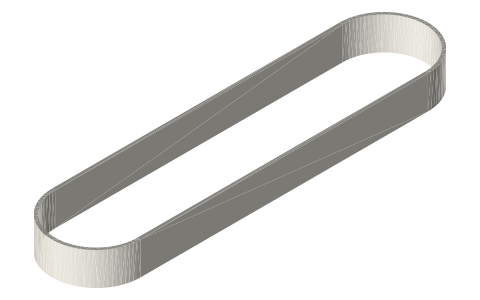 Flat belt 16 × 1.5 for two Ø40 pulleys at 140 mm (loop drawn), isometric render of a generated part