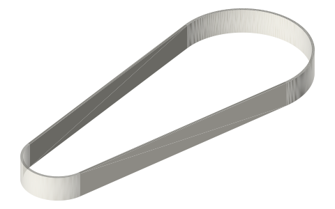 Flat belt 16 × 1.5 for Ø40 and Ø80 pulleys at 150 mm (loop drawn on the pulleys), isometric render of a generated part