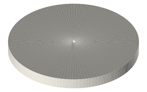 Flat disc Ø72 × 6 with a Ø2 rod bore, isometric render of a generated part