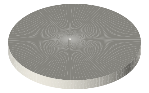 Flat discs Ø96 × 8 and Ø146 × 8 on a rod, isometric render of a generated part