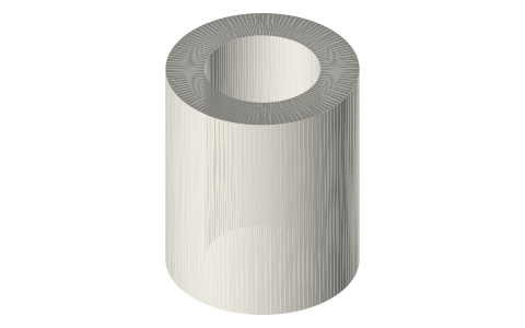 Flexure hub centring bush: Ø5 and Ø8 OD × Ø3 / Ø5 bore × 6, isometric render of a generated part