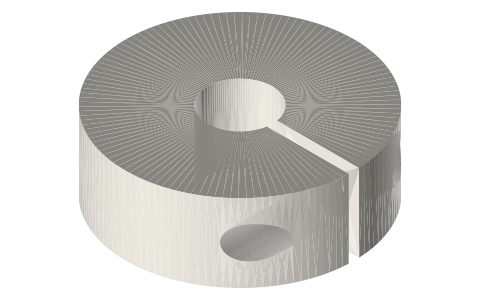 Flexure hub collars: split collars Ø13.2, Ø17.6 and Ø22 for Ø3 rod and Ø5 tube, isometric render of a generated part