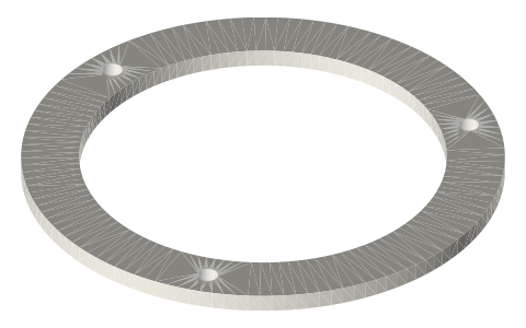 Flexure rim clamp plate: Ø40 to Ø120 × 3 mm, 3 × M3, isometric render of a generated part
