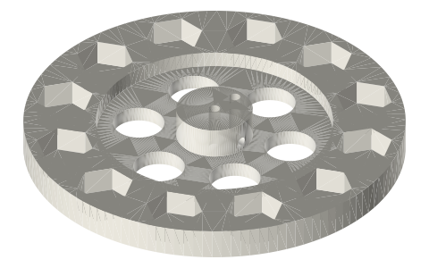 Flywheel crank: Ø100 nut-pocket flywheel with a 7.5 mm crank pin (15 mm stroke), isometric render of a generated part