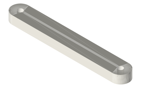 Four-bar links: flat links with 20 to 100 mm hole centres, isometric render of a generated part