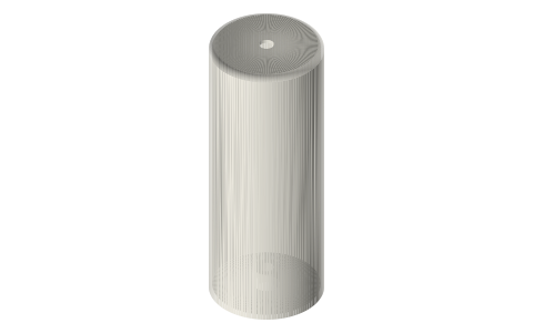 Free-piston Stirling core: displacer, power piston, liner, gas spring, stops, clearance-seal and tuning tables, isometric render of a generated part
