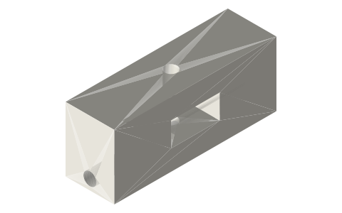 Gauge cheek 12 × 40 × 16 with a 12 × 6 channel for the bar and Ø3 link pivot, isometric render of a generated part