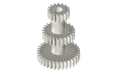 Gear cluster, module 1.25: 32 T / 24 T / 16 T on one Ø14 hub, Ø8 bore, isometric render of a generated part