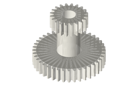 Gear cluster, module 1: 40 T / 20 T on one Ø14 hub, Ø8 bore, isometric render of a generated part