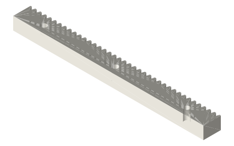 Gear rack, module 1, 120 mm, full-depth 20° teeth, isometric render of a generated part