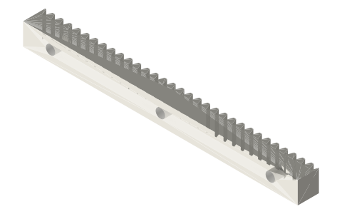 Gear racks: module 1 (100 mm) and module 2 (150 mm), isometric render of a generated part
